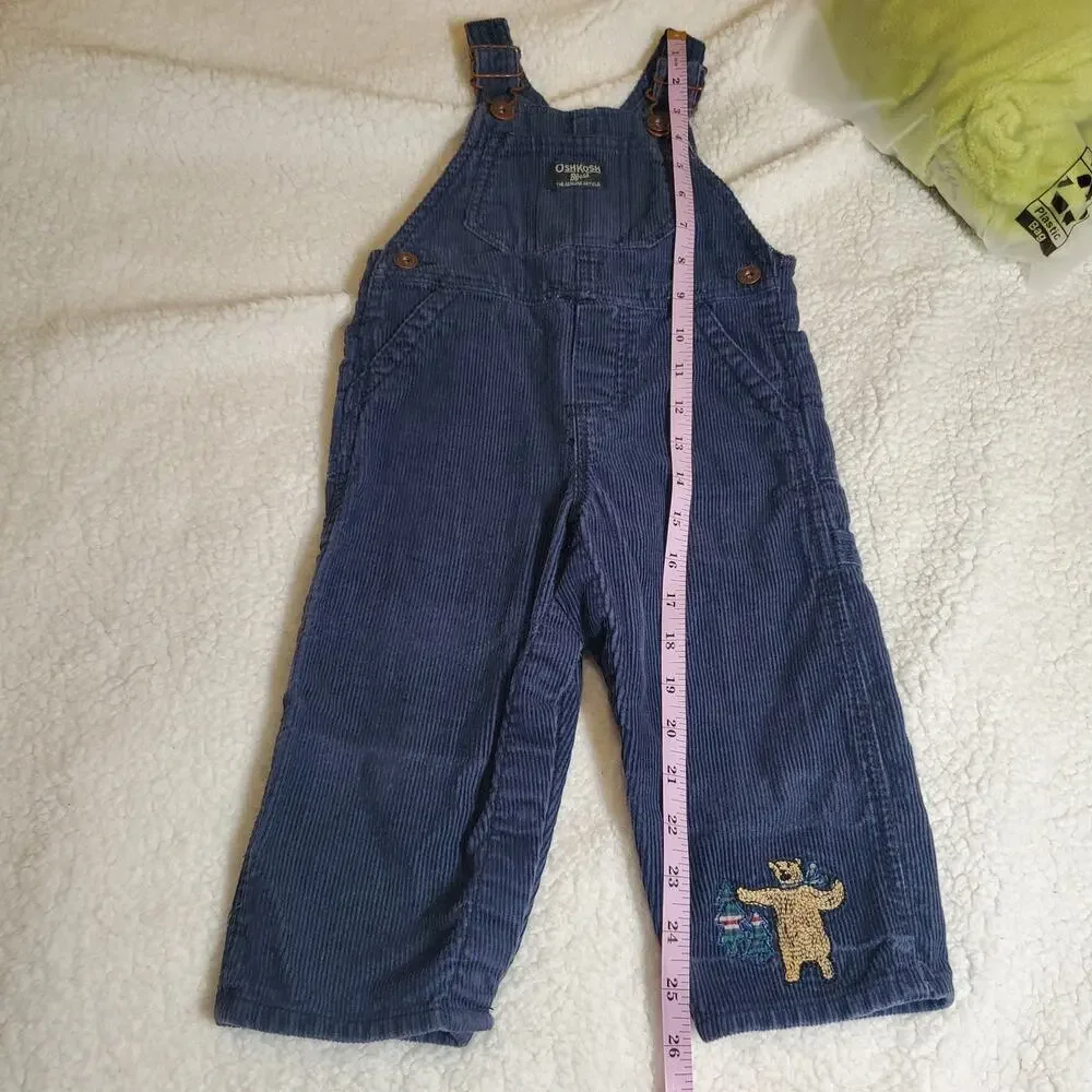 Oshkosh B'gosh Blue Corduroy Overalls Size 18 Months 100% Cotton Bear Embroidery